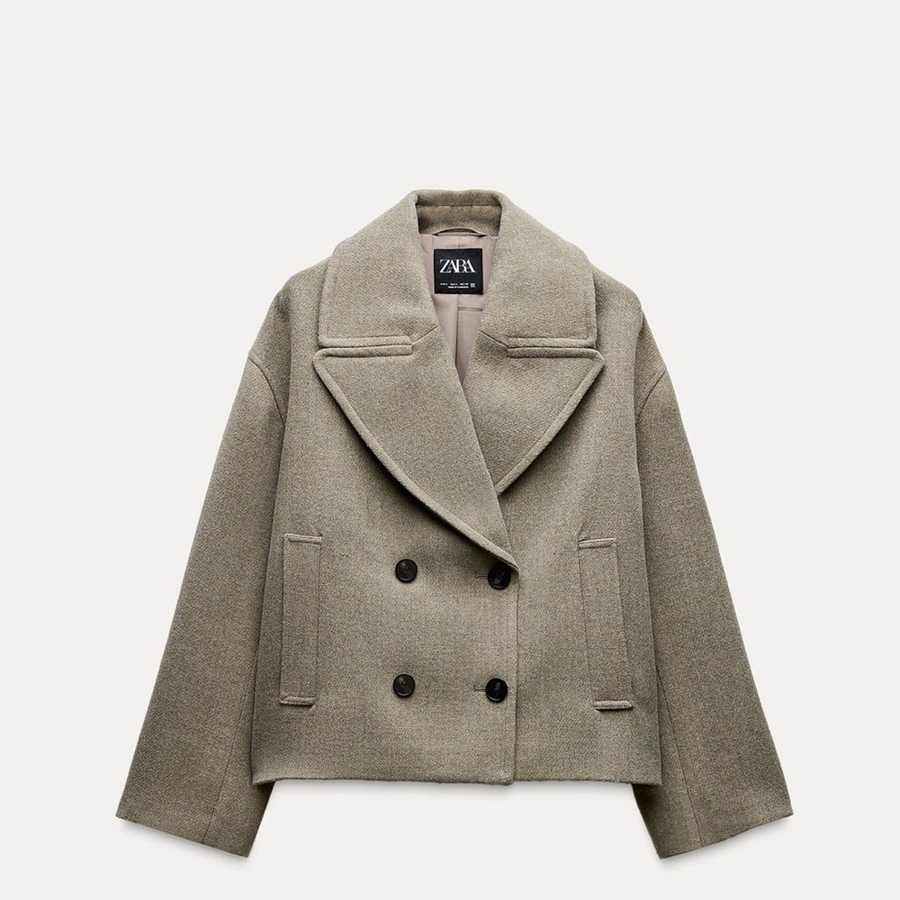 Zara Green Peacoat Double-Breasted Wool Blend